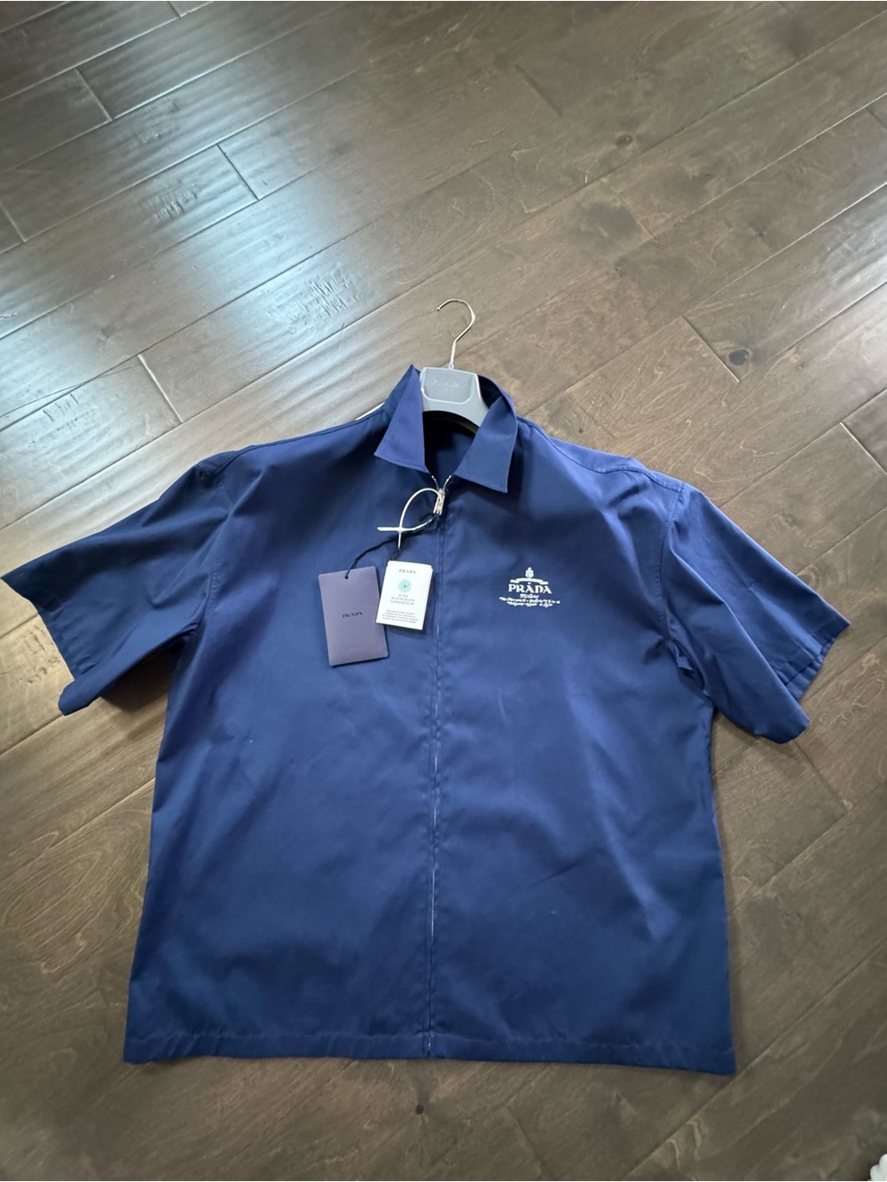 Prada Men’s Short-Sleeve Technical Navy Zip Front Shirt